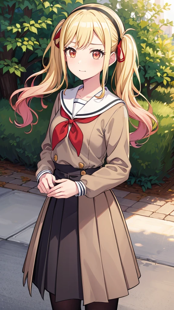 masterpiece, best quality, highres, 1girl, solo, ichigaya arisa, twintails, x hair ornament, , pleated dress, pantyhose, tenmasaki, shirt, long sleeves, bow, ribbon, twintails,  , sidelocks, pleated skirt, hairband, serafuku, sailor collar, red bow, side ponytail, sweater, neckerchief, eyelashes, buttons, swept bangs, wavy hair, red neckerchief,  grey skirt, white sailor collar, orange bow, happy, cowbow shot, outdoors, forest