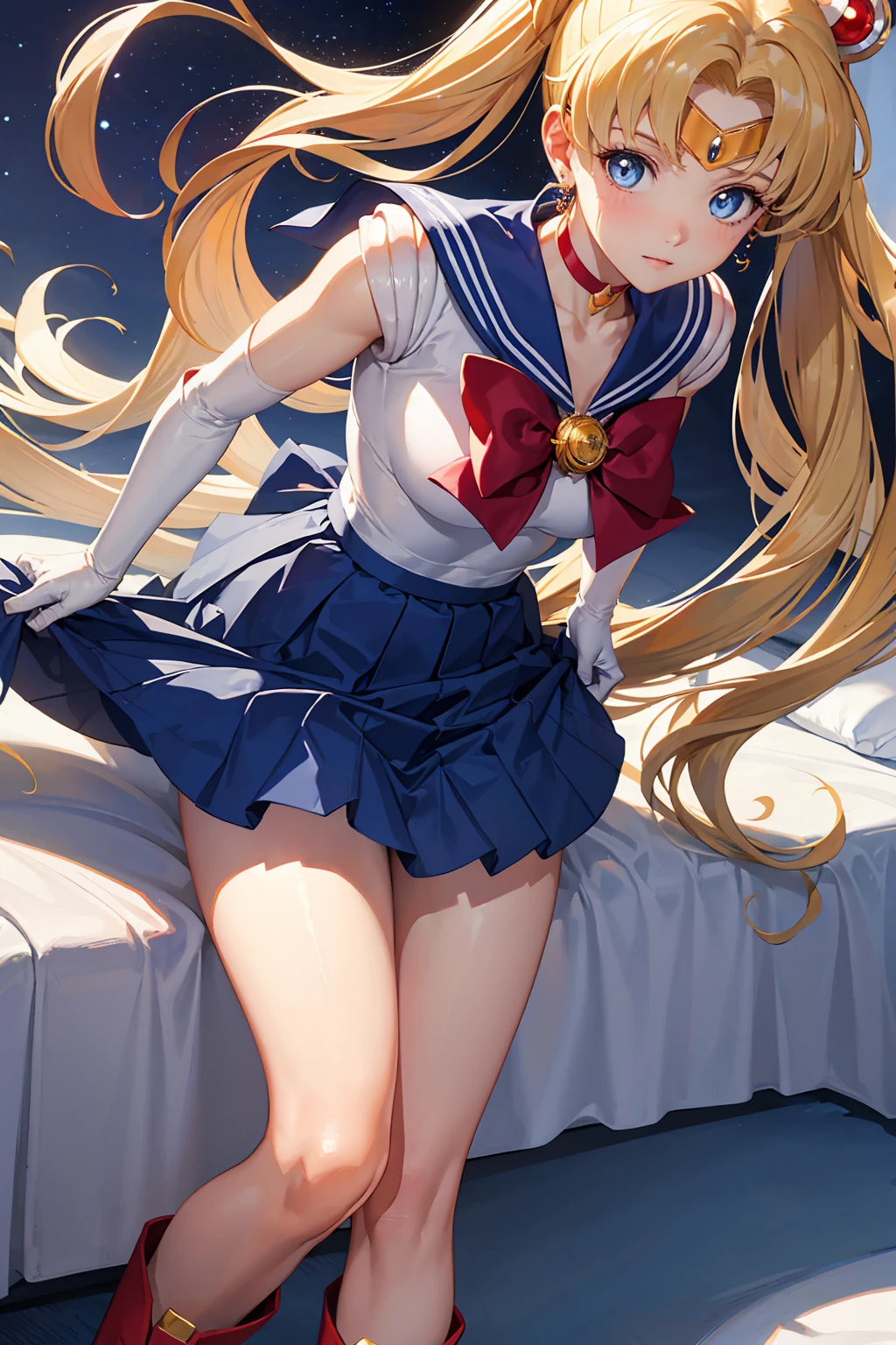  {{Sailor Moon}}, so beautiful,, highest quality, Realistic, Complex, Overall Details　Blonde Hair Girl, Magical girl, (((Blue eyes))), Blue Skirt, Cute white panties　Elbow-length gloves, tiara, Pleated skirt ,Red long boots Blue sailor necklace, mini skirt, choker, blue choker, White gloves,Clothes lift　Very long hair, Jewelry, 珰, whole body　sexy　Beautiful bedroom　Night view　blush