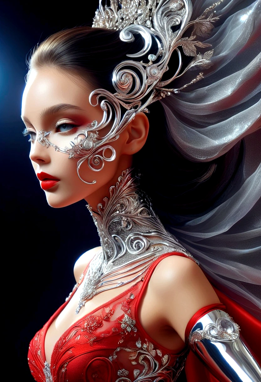 Haute Couture Fashion a 1girl, chrome skin, wearing a red dress,,, Haute Couture Fashion, often for custom-fitted clothing, luxurious materials, or high-end design.