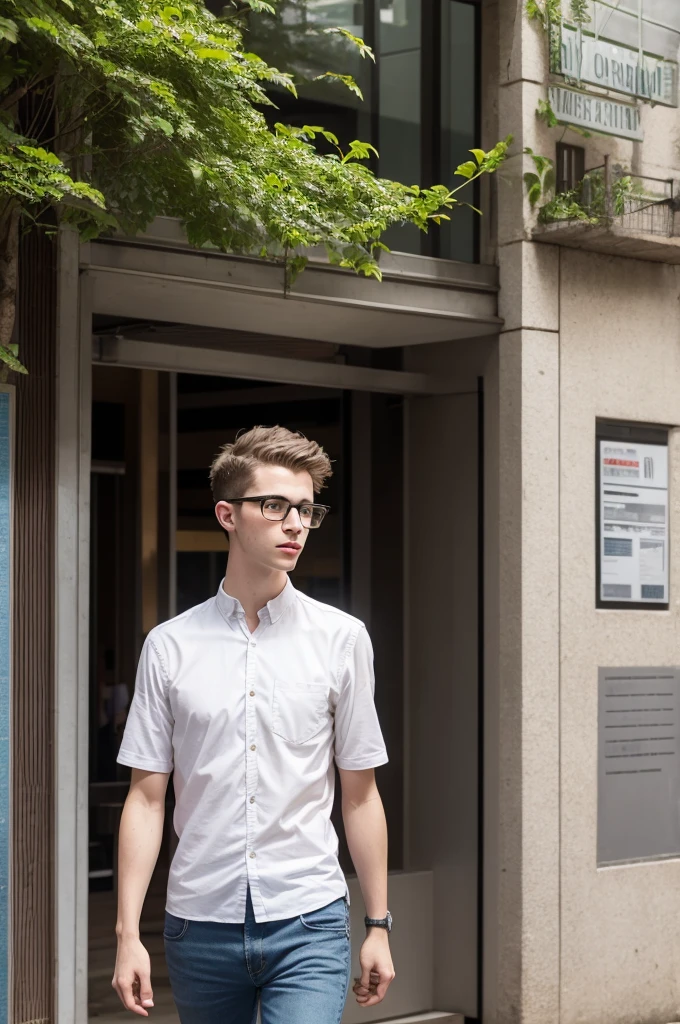 Young white man with short hair and glasses in urban center, cidade grande, buildings, jardins, São Paulo