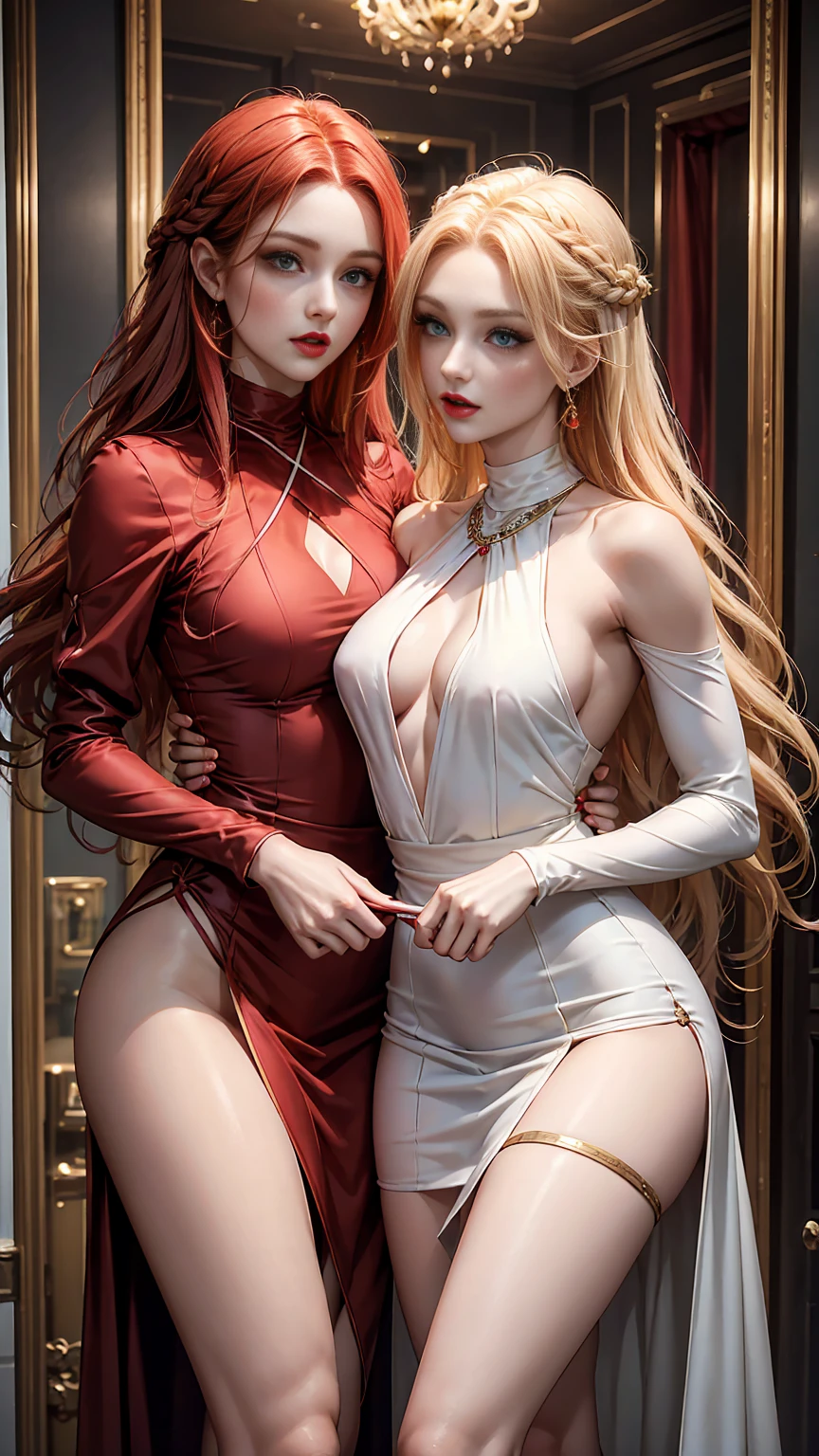 Two beautiful women with long braided red hair and mid wavy blond hair, respectivetly, with green eyes wearing a Mock Neck Cut Out Dress, Sexy Criss Cross Mock Neck ((Mid Sleeves)) Dress, ((luxurious jewelry)), standing in a fitting room, hugging closely and kissing each other (white skin), (red lipstick), (elegant mascara), (muscular body with abs), (small breasts) midjourney, <lora:GoodHands-, <lora:GoodLegs-, UHD, high resolution, (masterpiece:1.1, best quality), (expressive eyes, perfect face, full body, expressive face, perfect body, athletic, fit, slim body, blushing, Perfect makeup, eyeliner, beautiful eyelashes, smiling, horny face), ((Beige dress)), ((Grey dress)), ((Tight dress)), ((best illumination, best shadows)), ((lesbian kiss))