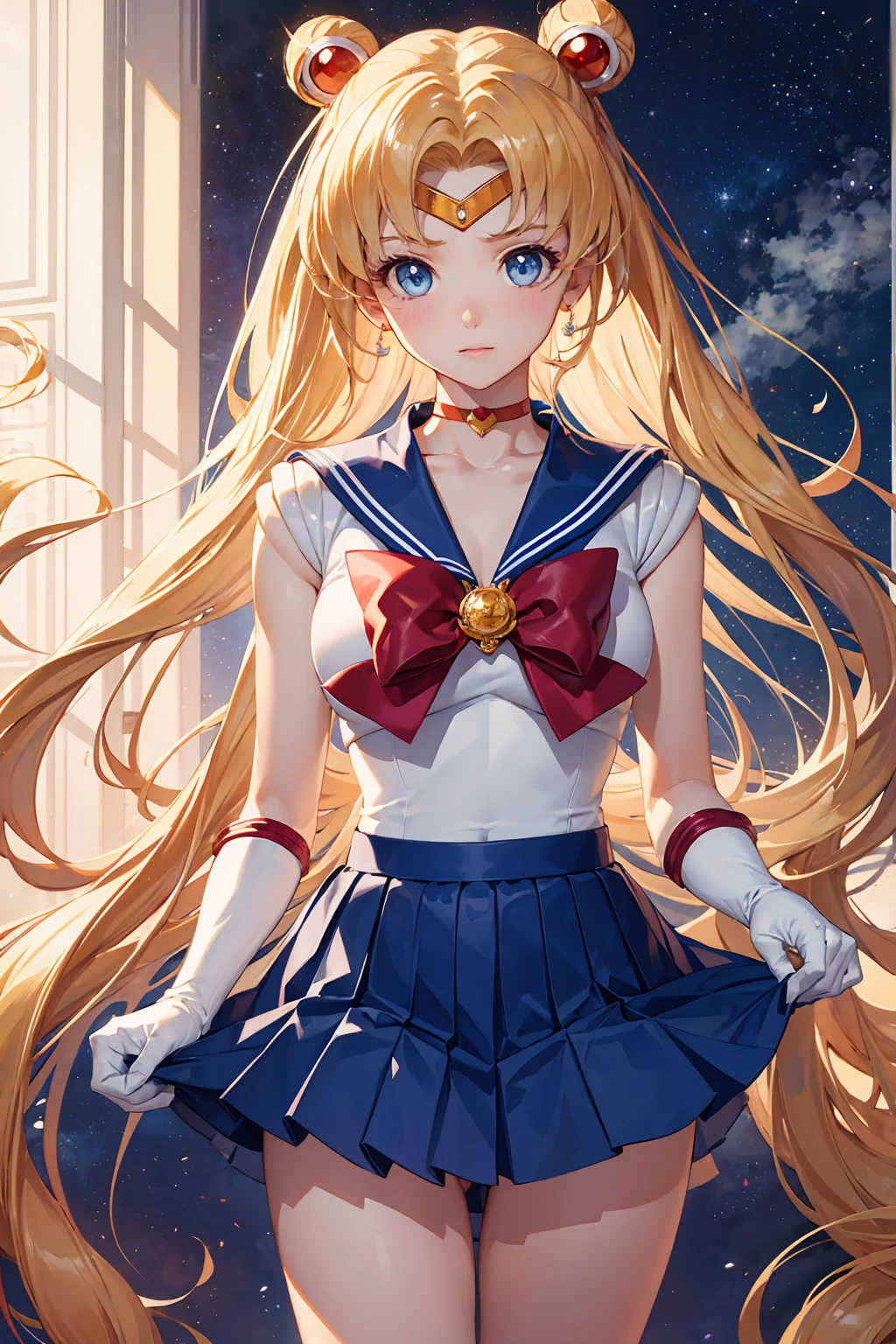 {{Sailor Moon}}, so beautiful,, highest quality, Realistic, Complex, Overall Details Blonde Hair Girl, Magical girl, (((Blue eyes))), Blue Skirt, Cute white panties Elbow-length gloves, tiara, Pleated skirt ,Red long boots Blue sailor necklace, mini skirt, choker, blue choker, White gloves,Clothes lift Very long hair, Jewelry, 珰, whole body sexy Beautiful bedroom Night view blush