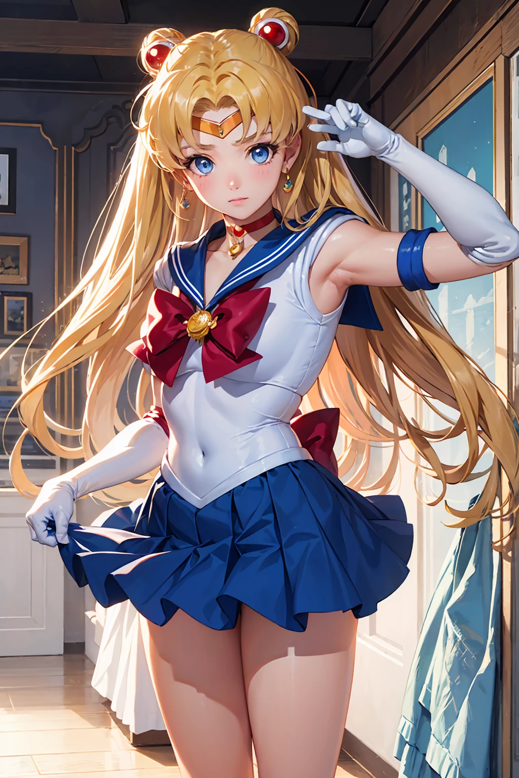 {{Sailor Moon}}, so beautiful,, highest quality, Realistic, Complex, Overall Details Blonde Hair Girl, Magical girl, (((Blue eyes))), Blue Skirt, Cute white panties Elbow-length gloves, tiara, Pleated skirt ,Red long boots Blue sailor necklace, mini skirt, choker, blue choker, White gloves,Clothes lift Very long hair, Jewelry, 珰, whole body sexy Beautiful bedroom Night view blush