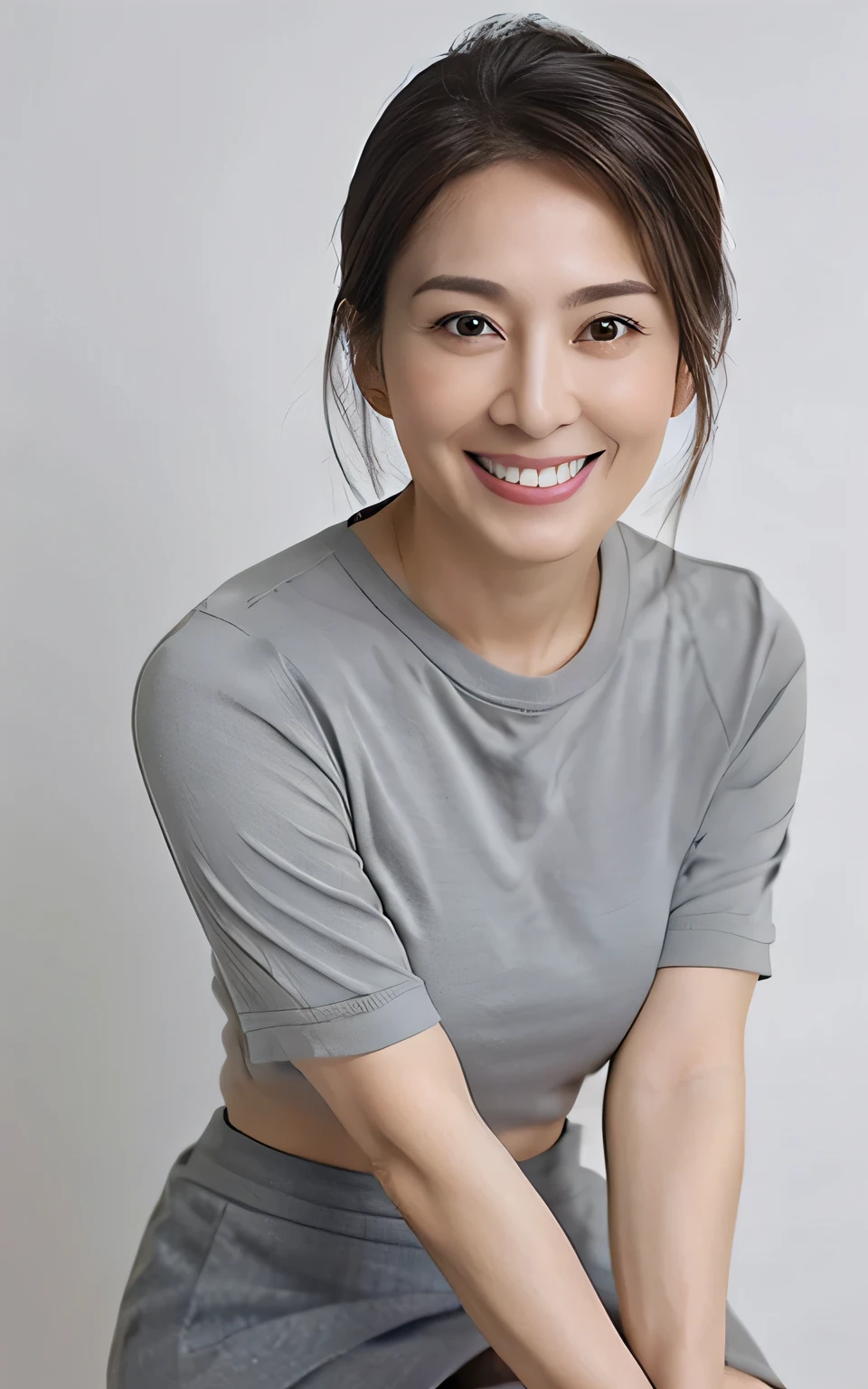 ((highest quality, 8k, Simple gray background)), Sharp focus :1.2, Beautiful mature woman, 45age, Mature Woman, ((T-Shirts,mini skirt)), ((Leaning forward)), (Huge breasts), (smile:1.15), Highly detailed face and skin texture, Fine grain, (Round face:1.4), Japanese、Photographing the whole body from a distance 2.0