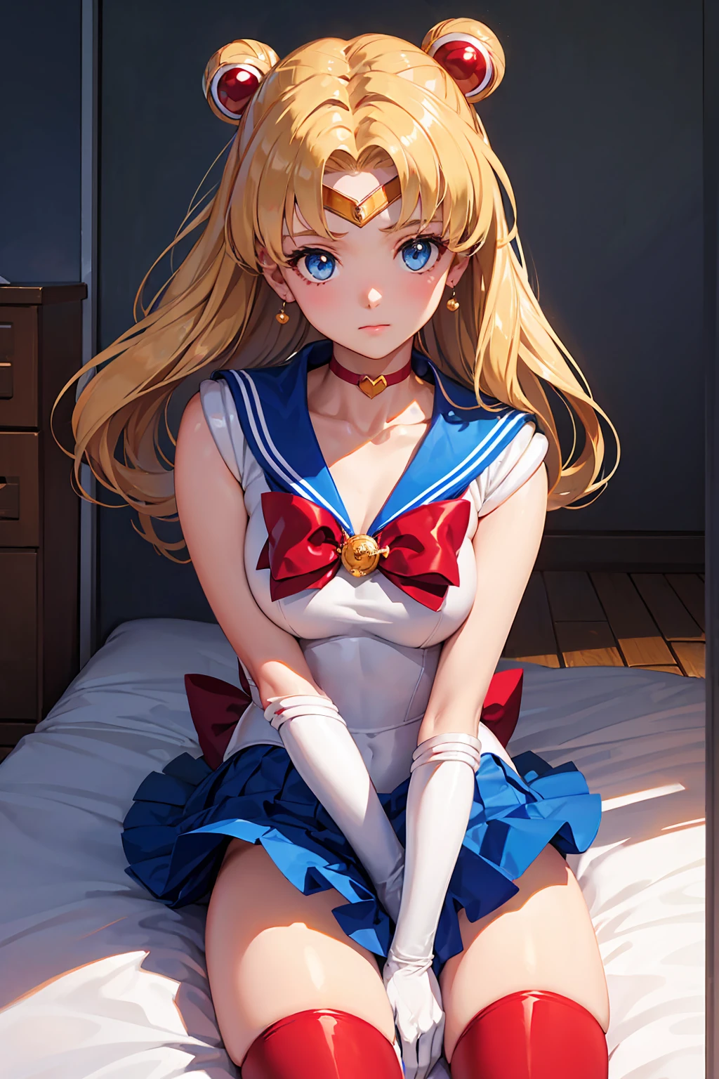 {{Sailor Moon}}, so beautiful,, highest quality, Realistic, Complex, Overall Details Blonde Hair Girl, Magical girl, (((Blue eyes))), Blue Skirt, Cute white panties Elbow-length gloves, tiara, Pleated skirt ,Red long boots Blue sailor necklace, mini skirt, choker, blue choker, White gloves,Clothes lift Very long hair, Jewelry, 珰, whole body sexy Beautiful bedroom Night view blush