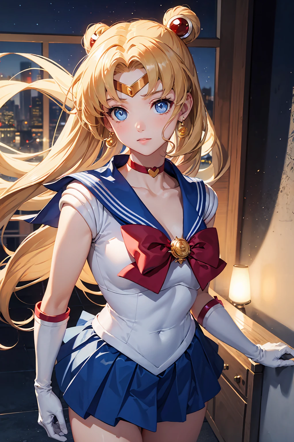 {{Sailor Moon}}, so beautiful,, highest quality, Realistic, Complex, Overall Details Blonde Hair Girl, Magical girl, (((Blue eyes))), Blue Skirt, Cute white panties Elbow-length gloves, tiara, Pleated skirt ,Red long boots Blue sailor necklace, mini skirt, choker, blue choker, White gloves,Clothes lift Very long hair, Jewelry, 珰, whole body sexy Beautiful bedroom Night view blush