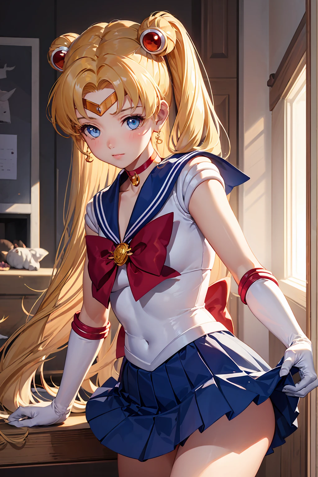 {{Sailor Moon}}, so beautiful,, highest quality, Realistic, Complex, Overall Details　Blonde Hair Girl, Magical girl, (((Blue eyes))), Blue Skirt, Cute white panties　Elbow-length gloves, tiara, Pleated skirt ,Red long boots Blue sailor necklace, mini skirt, choker, blue choker, White gloves,Clothes lift　Very long hair, Jewelry, 珰, whole body　sexy　Beautiful bedroom　Night view　blush