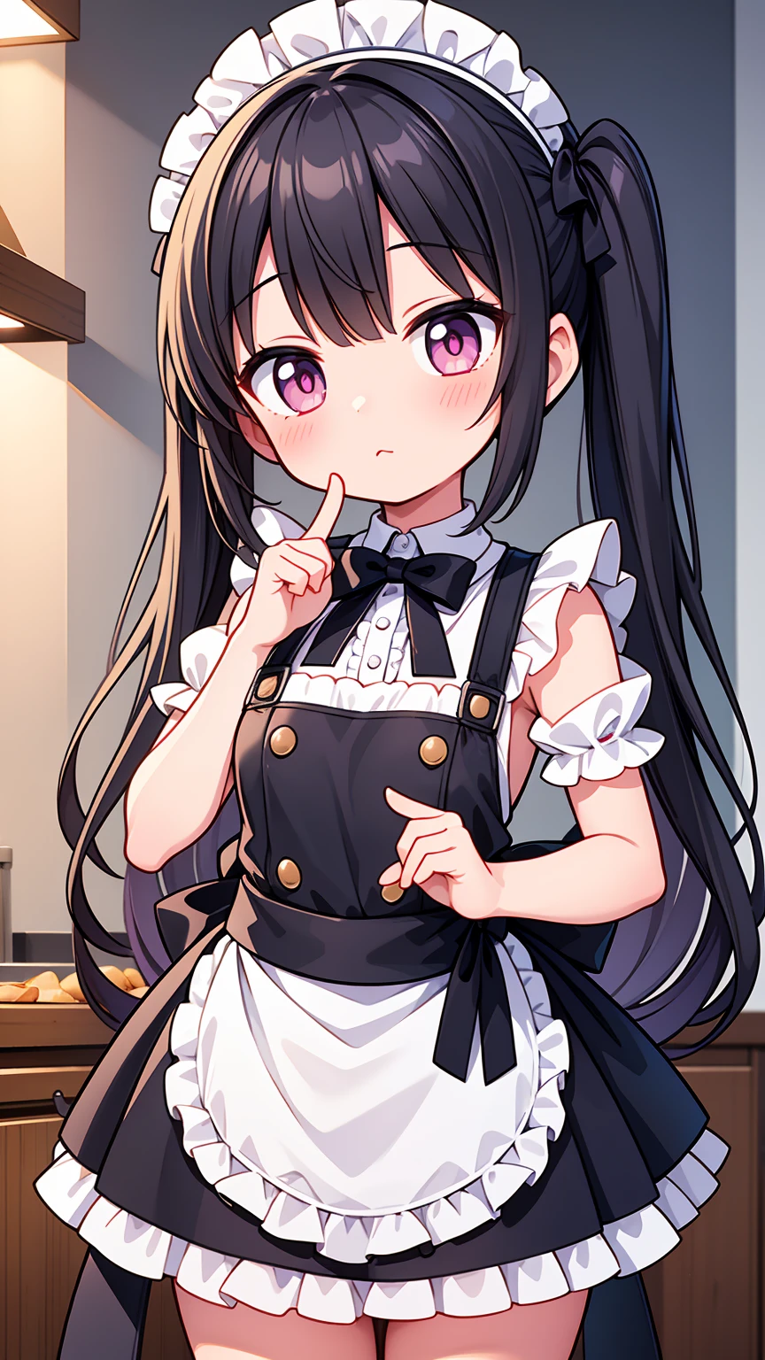 (8K, Highest image quality, highest quality, masterpiece), detailed face, ((loli girl)), (little loli curve) , black hair, short twintails, pink eyes, small breasts, naked apron, cowboy shot, put your hand on your mouth, kitchen background, ((very blushing)), ((detailed hands and fingers)), viewer perspective from below