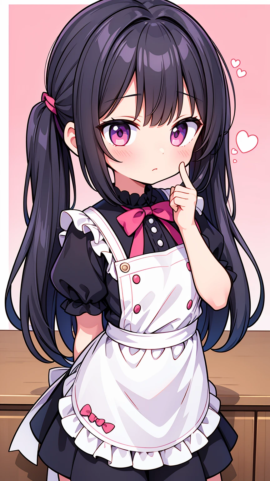 (8K, Highest image quality, highest quality, masterpiece), detailed face, ((loli girl)), (little loli curve) , black hair, short twintails, pink eyes, small breasts, naked apron, cowboy shot, put your hand on your mouth, kitchen background, ((very blushing)), ((detailed hands and fingers)), viewer perspective from below