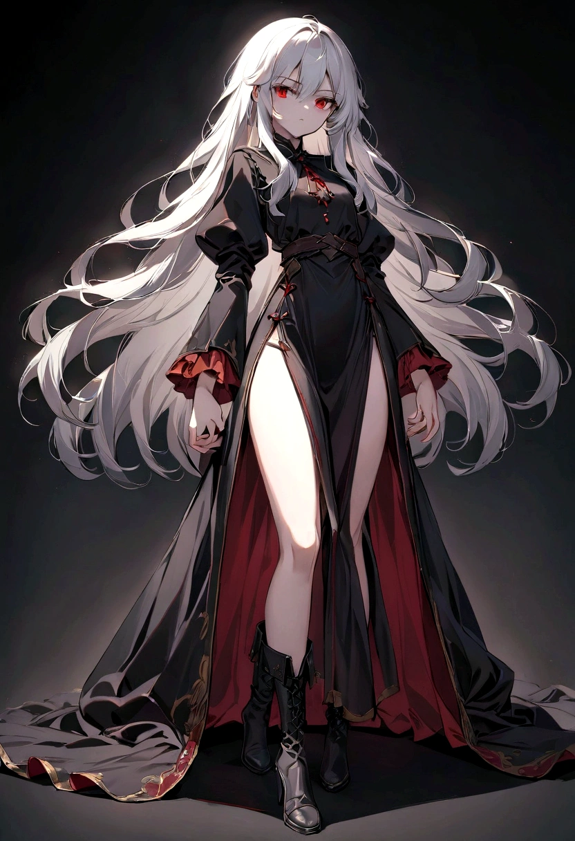 Girl, 20 years old, with long white hair down to below her waist, a serious yet tender expression, and red eyes. Her hair features black streaks. She wears antique-style clothing, a long black dress with a slit on the legs, and high black boots that almost reach her knees. Her power and background are related to shadows and darkness. dark escense, figth stance, detailed