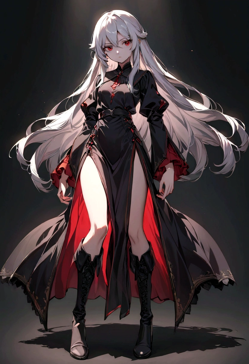 Girl, 20 years old, with long white hair down to below her waist, a serious yet tender expression, and red eyes. Her hair features black streaks. She wears antique-style clothing, a long black dress with a slit on the legs, and high black boots that almost reach her knees. Her power and background are related to shadows and darkness. dark escense, figth stance, detailed