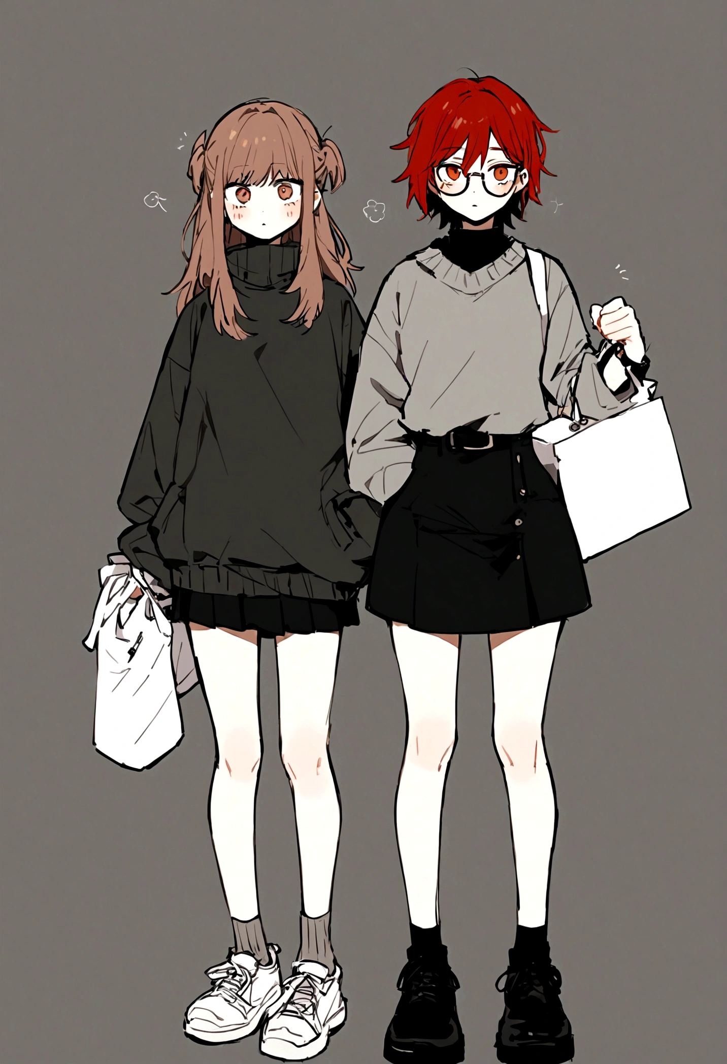 Jujutsu kaisen full body female anime character. She has _red____ hair. She was brown eyes. She is wearing a grey sweater ___ with black skirt and ____tennis_ shoes. She is holding _a white bag_____ on one hand while the other is in his pocket. She also has _glasses.ㅤ ㅤㅤ ㅤㅤ