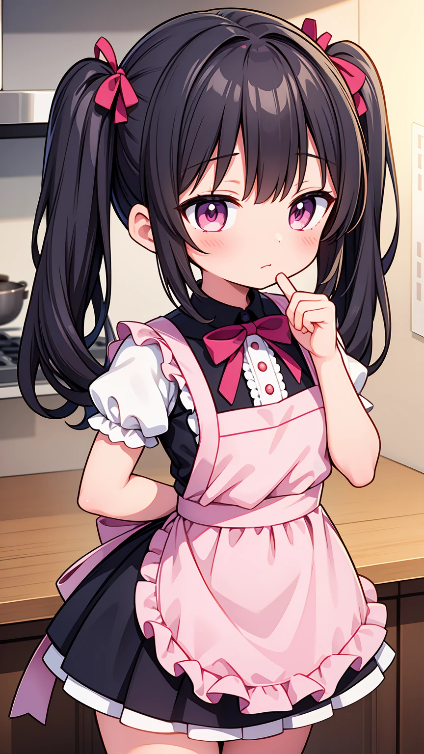 (8K, Highest image quality, highest quality, masterpiece), detailed face, ((**** girl)), (little **** curve) , black hair, short twintails, pink eyes, small breasts, naked apron, cowboy shot, put your hand on your mouth, kitchen background, ((very blushing)), ((detailed hands and fingers)), viewer perspective from below