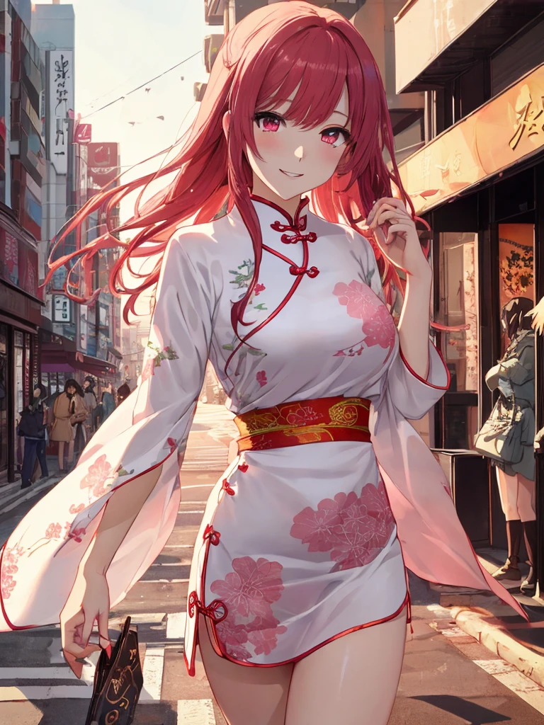 beautiful young woman, anime style, long flowing red hair, large pink eyes, delicate features, soft lighting, wearing a stylish cheongsam, intricate patterns, form-fitting, elegant, vibrant colors, detailed eye design, gradient in eyes, detailed iris, bright highlights, urban background, bustling city street, golden hour lighting, dynamic and candid pose, capturing a moment of joy, Japanese anime style, high quality, highly detailed, 8k resolution, cinematic lighting, best quality, Instagrammable, aesthetic, trendy、I saw your thighs、sexy、Erotic