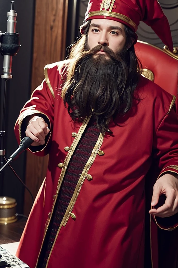 Wizard wearing a Red Wizard outfit and rocking a wicked beard in the recording studio recording a a rap song on the mic