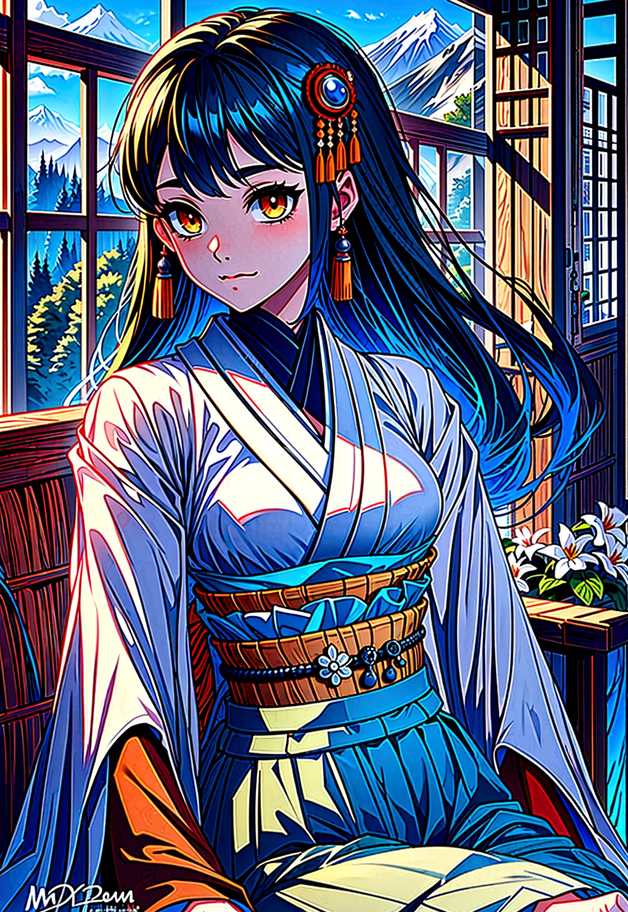 Ghibli style,Japanese kimono beauty,actual eyes,beautiful skin,Natural Makeup, ,Off-shoulder,Reality,4K,High resolution full body pictures.