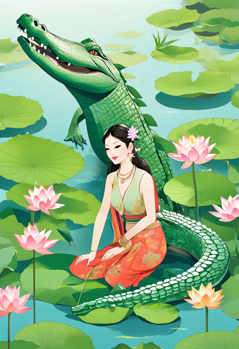 a women, crocodile, lake, lotus,