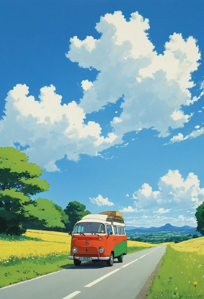 (Minimalismo:1.4), a minibus on the road, german van, ghibli studio art, Miyazaki, pasture with blue sky and white clouds