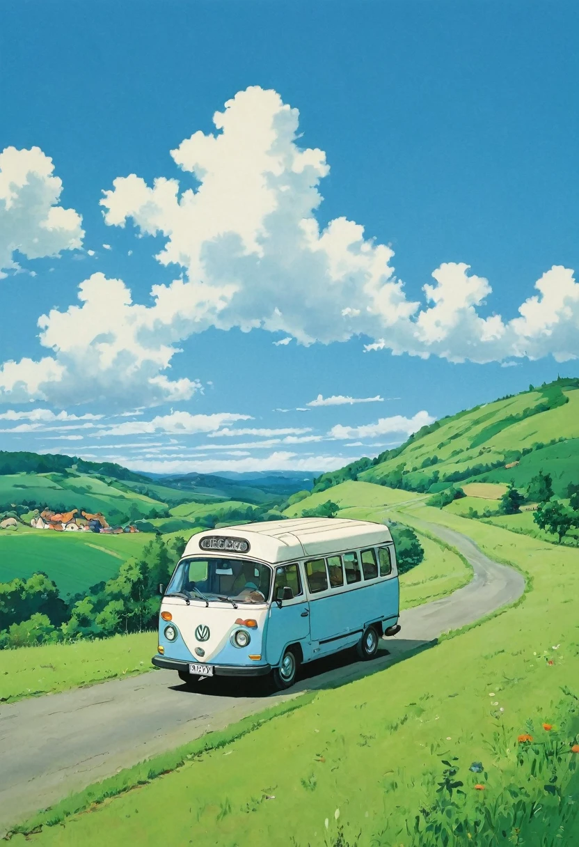 (Minimalismo:1.4), a minibus on the road, german van, ghibli studio art, Miyazaki, pasture with blue sky and white clouds