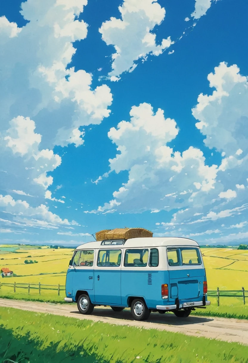 (Minimalismo:1.4), a minibus on the road, german van, ghibli studio art, Miyazaki, pasture with blue sky and white clouds
