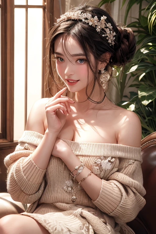 (((Masterpiece))),(((Super Detail))),(((in 8K))),(((best composition))),(((Rim lighting,Fireglow effect,deep shadow))),solo),Beautiful fingers,Detailed finger features,(Detailed hair features:1.7),(Dynamic and sexy bending pose:1.3),detailed facial features,detailed clothes features, (perky chest:1.1), (pointed chest:1.3), delicate beautiful face, Bright blue eyes, cute eyes, sparkling eyes, Big eyes, beautiful detailed eyes,double bun with glittering hair ornament:0.6,(super detailed glossy skin:1.3),slender body,goddess smile,((with sparkling eyes and a contagious smile)),beautiful posture,have a cup of coffee,black hair, red eyes, dress, bare shoulders, jewelry, collarbone, sidelocks, hairband, earrings, indoors, off shoulder, sweater, arms behind back, plant, short hair with long locks, white hairband, off-shoulder dress, sweater dress, off-shoulder sweater, red sweater, big side hair, very long side hair,(super delicate floral pattern:1.2),seductive cleavage:1.3,beautiful glossy legs,shiny red high heels,lifting dishes with cakesd,french restaurant,hustle and bustle,rising steam,(((depth of fields)))