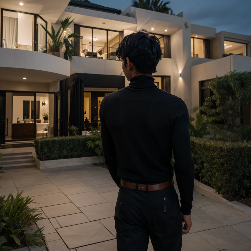 a boy with messy black hair facing his back wearing a black turtleneck inside a modern mansion overlooking beverly hills at night

