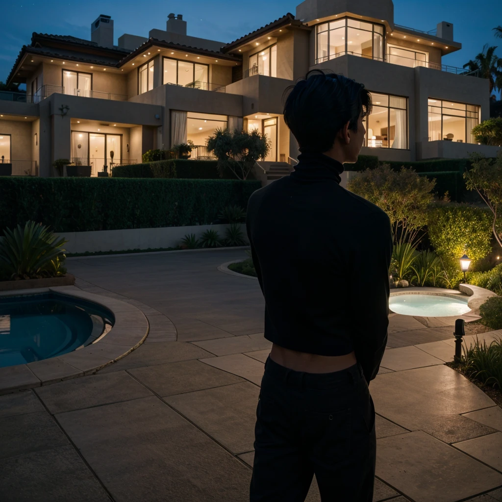 a boy with messy black hair facing his back wearing a black turtleneck inside a modern mansion overlooking beverly hills at night
