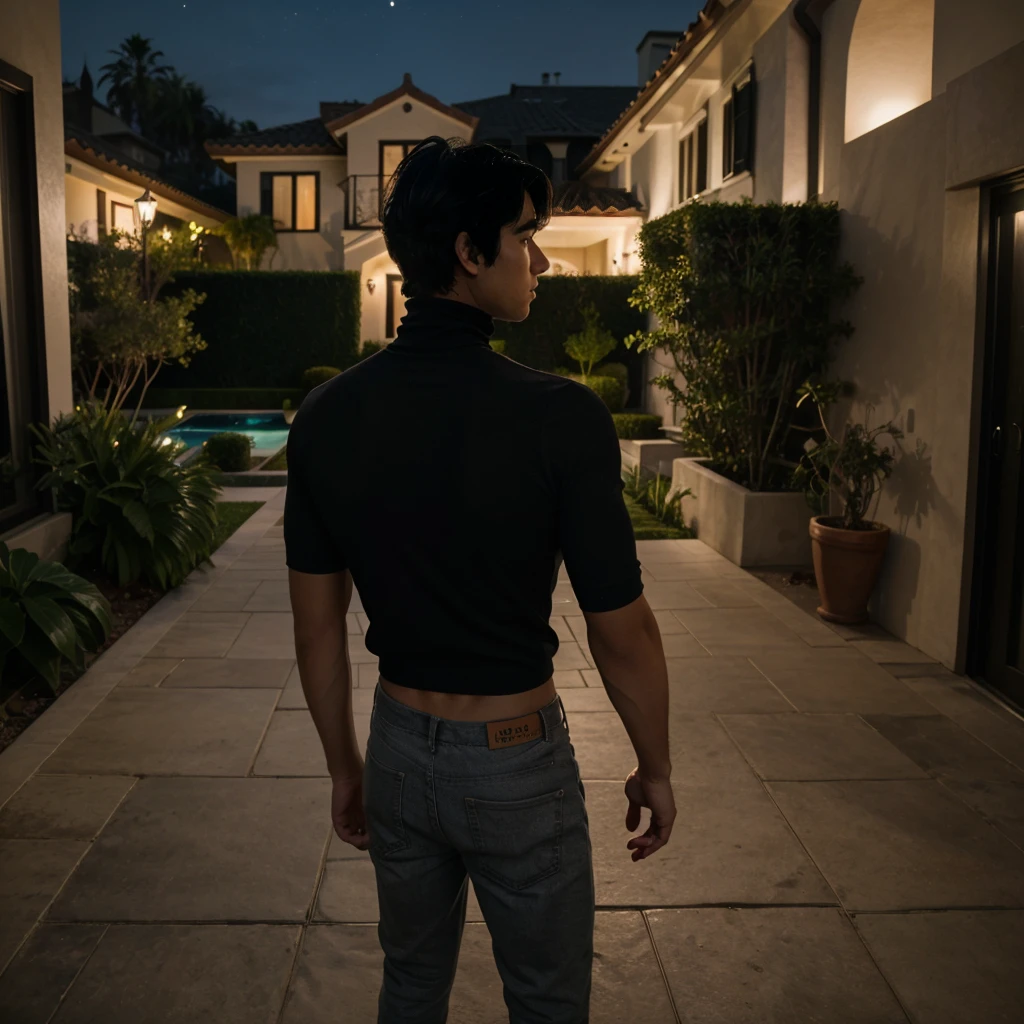 a boy with messy black hair facing his back wearing a black turtleneck inside a modern mansion overlooking beverly hills at night
