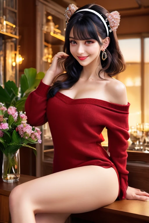 (((Masterpiece))),(((Super Detail))),(((in 8K))),(((best composition))),(((Rim lighting,Fireglow effect,deep shadow))),solo),Beautiful fingers,Detailed finger features,(Detailed hair features:1.7),(Dynamic and sexy bending pose:1.3),detailed facial features,detailed clothes features, (perky chest:1.1), (pointed chest:1.3), delicate beautiful face, Bright blue eyes, cute eyes, sparkling eyes, Big eyes, beautiful detailed eyes,double bun with glittering hair ornament:0.6,(super detailed glossy skin:1.3),slender body,goddess smile,((with sparkling eyes and a contagious smile)),beautiful posture,have a cup of coffee,black hair, red eyes, dress, bare shoulders, jewelry, collarbone, sidelocks, hairband, earrings, indoors, off shoulder, sweater, arms behind back, plant, short hair with long locks, white hairband, off-shoulder dress, sweater dress, off-shoulder sweater, red sweater, big side hair, very long side hair,(super delicate floral pattern:1.2),seductive cleavage:1.3,beautiful glossy legs,shiny red high heels,lifting dishes with cakesd,french restaurant,hustle and bustle,rising steam,(((depth of fields)))