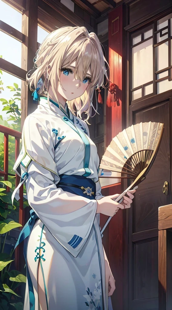Violet,((Wear light blue Hanfu)),(Hanfu is decorated with snowflakes),((1 folding fan in his hand)),((Traditional Chinese palace)),(((Blonde hair))),(((blue color eyes)))