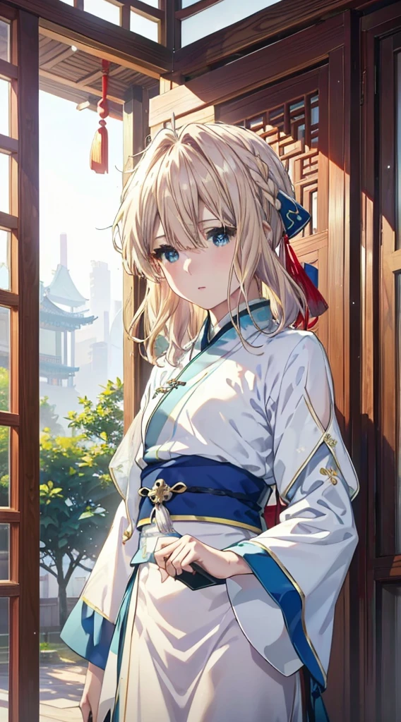 Violet，((Wear light blue Hanfu))，(Hanfu is decorated with snowflakes)，((1 folding fan in his hand))，((Traditional Chinese palace))，(((Blonde hair)))，(((blue color eyes)))