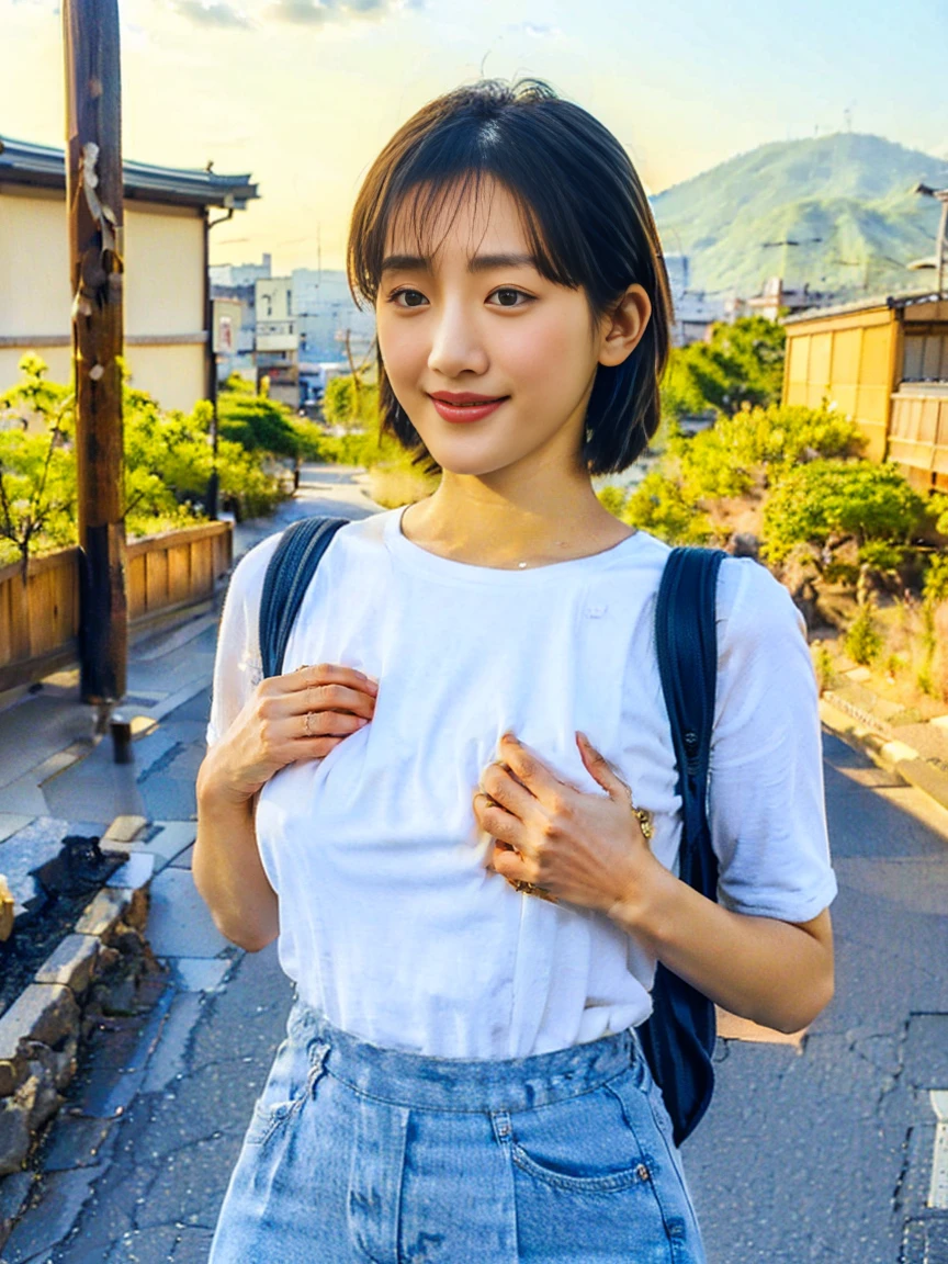 Lift your shirt、((Japanese 、Downtown Kyoto、walk、Upper Body、Light blue shirt、mini skirt、Knee-high socks、loafers、Black Backpack、Photograph the whole body))、(Realistic、Realistic、Very detailed、Highest Detail Skin、highest quality、masterpiece、超A high resolution)、Cute Japanese Woman、、One Girl、With bangs,Capturing the subjective mind, POV hands, Grab your chest, ((smile))、((I can see your chest)),((Looking into the camera)),