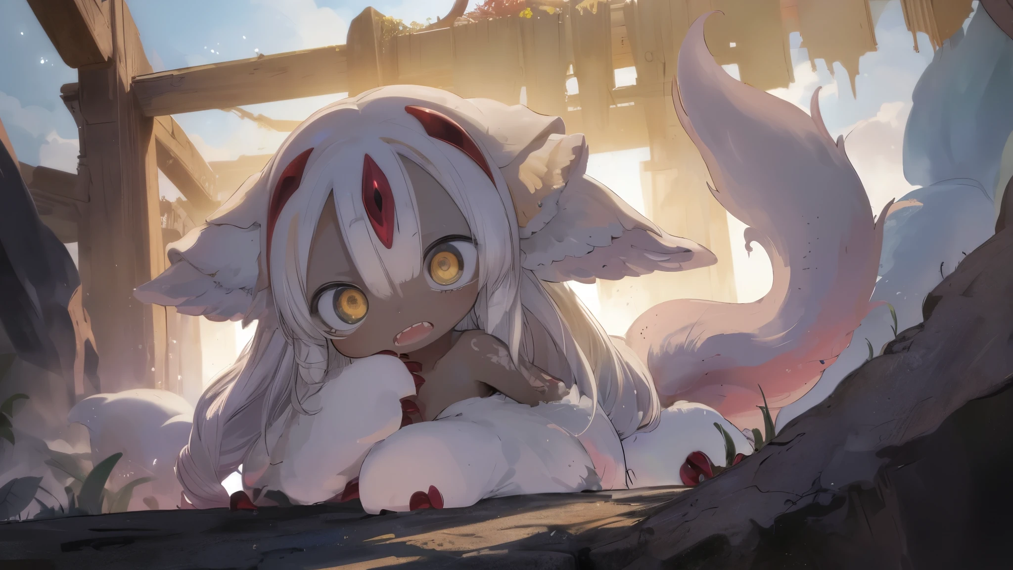 female\((faputa\(made in abyss\):1.5),chibi,faputail,fapuclaws,fapuknees,fapuhooves,4arms,fapugoggles,fapu_r_form,fapu_c_eyes,feral,ears up,walking like a dog,age of 8,dynamic pose,angry face,open mouth,sharp teeth,bloody,she is the princess of abyss,open stomach\) is tearing the creatures with her claws, BREAK ,background\(magnificent spectacle nature,huge strange animals,bloody,gruesome,effect of action\), BREAK ,quality\(8k,wallpaper of extremely detailed CG unit, ​masterpiece,hight resolution,top-quality,top-quality real texture skin,hyper realisitic,increase the resolution,RAW photos,best qualtiy,highly detailed,the wallpaper,cinematic lighting,ray trace,golden ratio\),[nsfw],dynamic angle