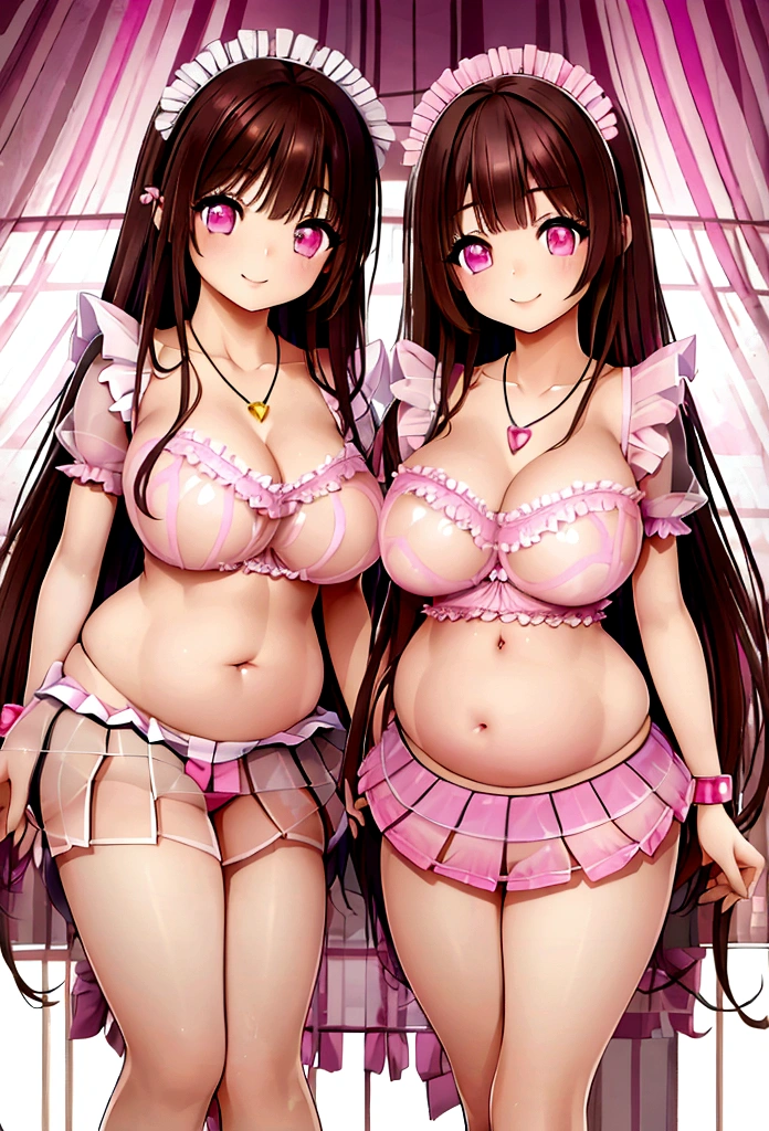 (2 young girls with long hair, Beautiful face and eyes, pink eyes, Charming smile, (Maid cafe costume with frilly breasts and wide open breasts, Pleated mini skirt:1.5), (Daikai Maid Cafe Costume:1.2), Sexy transparent underwear and panties, Miniskirt turned inside out、Underwear half exposed、Show belly button、 Extra large breasts、(very pretty girl), With pendants and bracelets、brown hair, Fashion hair accessories quality:1.4), (Extremely detailed), (Extremely detailed CG unified 8k wallpaper), Very detailed, High-resolution original color photos, Professional photography, Depth of Field, (Lie flat on your bed)