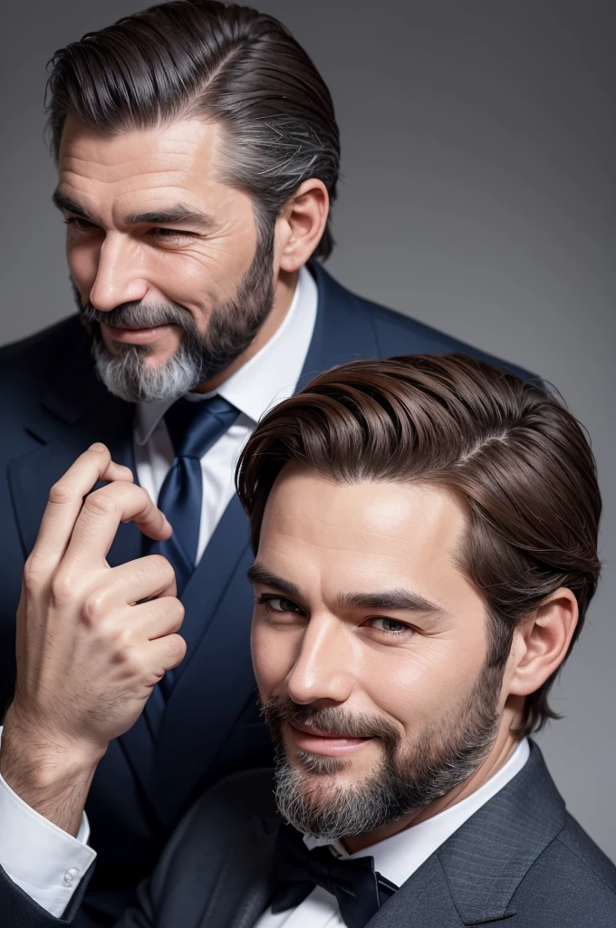 I need you to create a face of a man, rectangular profile, brown hair combed back ,gray beard where he has to smile, have a happy face because he needs to look evangelical and be very well groomed with his super elegant navy blue suit gray tie white shirt.