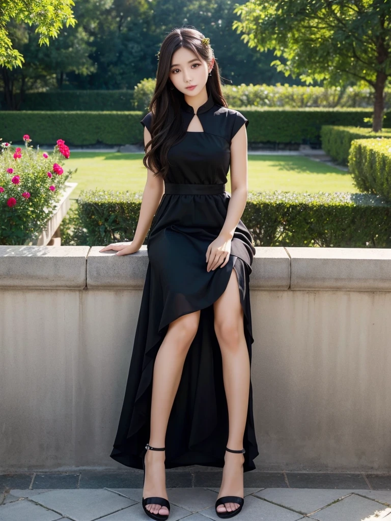 Black polyester dress、(highest quality)), (Very detailed), ((Very detailed)), 4K, (8k), highest quality, alone,Kind Face、Soft Light、RAW quality、Heel、Garden Terrace