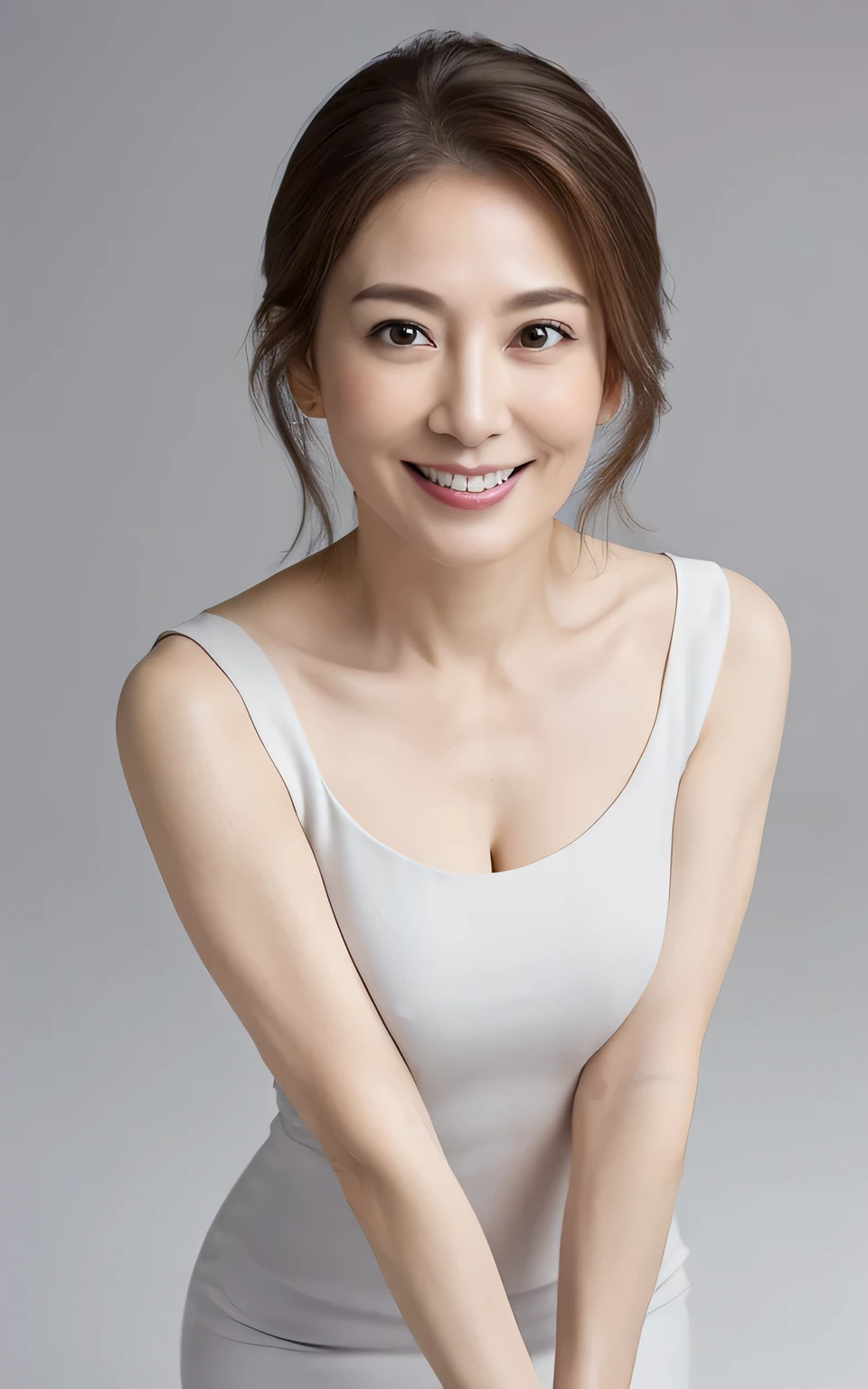 ((highest quality, 8k, Simple gray background)), Sharp focus :1.2, Beautiful mature woman, 4５age, Mature Woman, ((White tight dress)), ((Leaning forward)), (Huge breasts), (smile:1.15), Highly detailed face and skin texture, Fine grain, (Round face:1.4), Japanese、Photographing the whole body from a distance 2.0