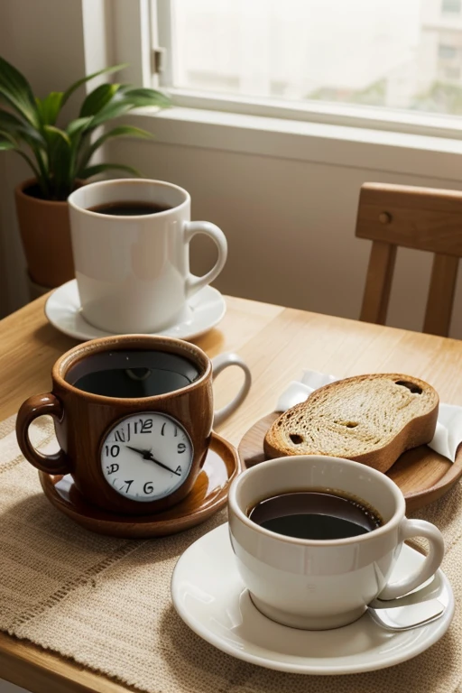Hora: 6:00 AMActividades:Awakening and preparing for the dayTime: 6:30 AMActividades:Desayuno: coffee and toastTime: 7:00 AMActividades:Vestirse y salir para el trabajoImagen: Cup of coffee and toast on a table next to an alarm clock.