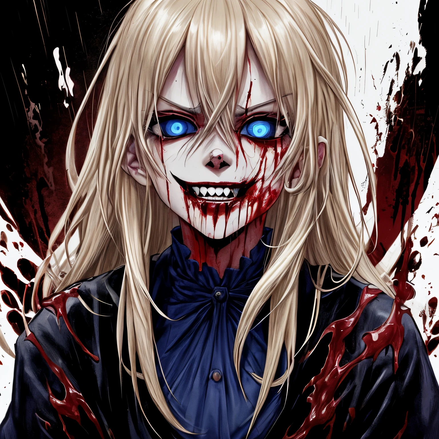 dark, horror, psycho, gore, creepy, blood, head split, disfigured, brutal, blood, bloody, violence, r18, insane, woman with a blonde bob and blue eyes