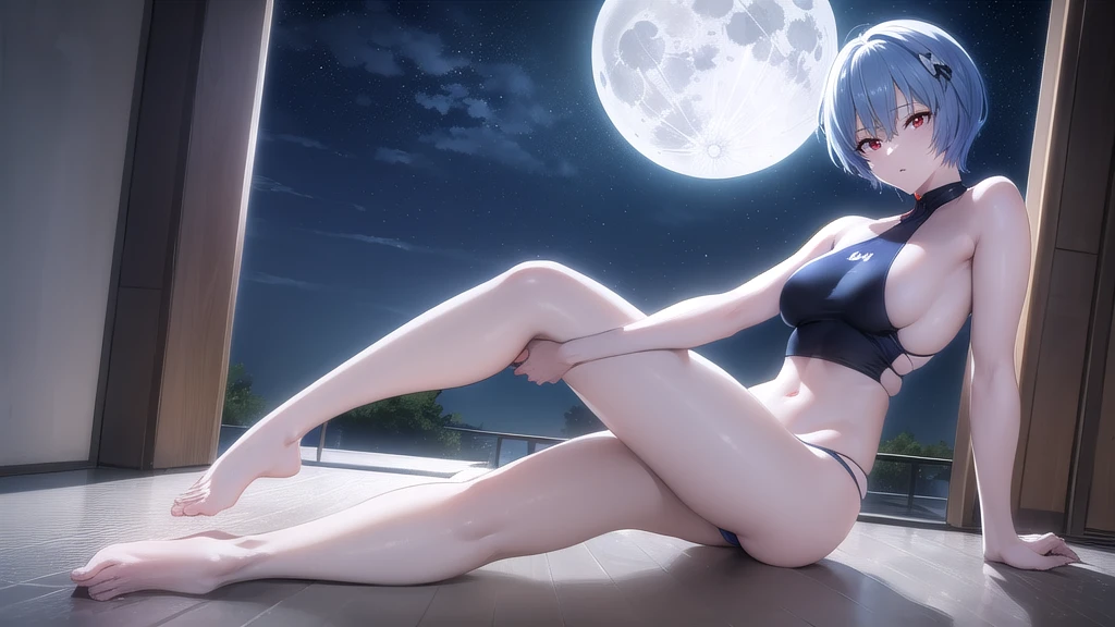 Rei Ayanami, Blue Hair, short hair, (Red eyes:1.5), (Small breasts:1.2), (masterpiece:1.2), highest quality, High resolution, unity 8k wallpaper, (shape:0.8), (Fine and beautiful eyes:1.6), Highly detailed face, Perfect lighting, Highly detailed CG, (Perfect hands, Perfect Anatomy),((Swimwear))、((Embarrassed look))、((full moon))、((Picture below))、、((short hair))、((f cup breasts))、The clothes are transparent、((Sit with your legs apart))、Cameltoe