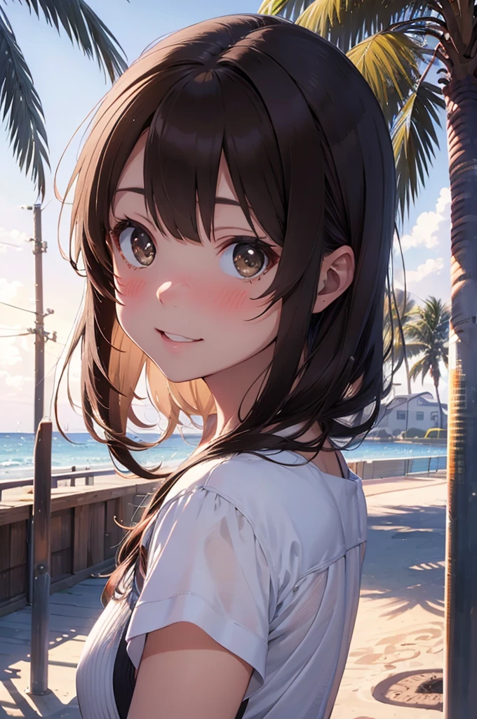 masterpiece, rich colors, Best quality, detailed, high resolution, Hyper quality, high detail, , High quality, detailing, skinny sexy girl on the beach , bright lighting , Brown eyes, anime, palm trees, bright lighting,