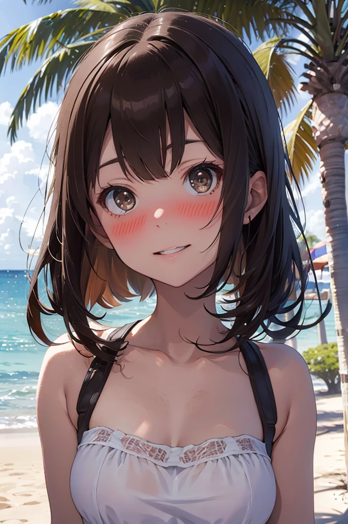 masterpiece, rich colors, Best quality, detailed, high resolution, Hyper quality, high detail, , High quality, detailing, skinny sexy girl on the beach , bright lighting , Brown eyes, anime, palm trees, bright lighting,