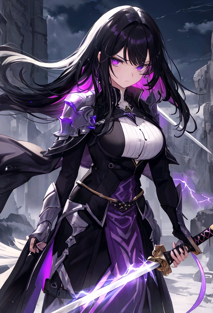 a woman with black hair and white streaks with sad expression holding a large purple sword, detailed eyes, detailed sword, cinematic lightning