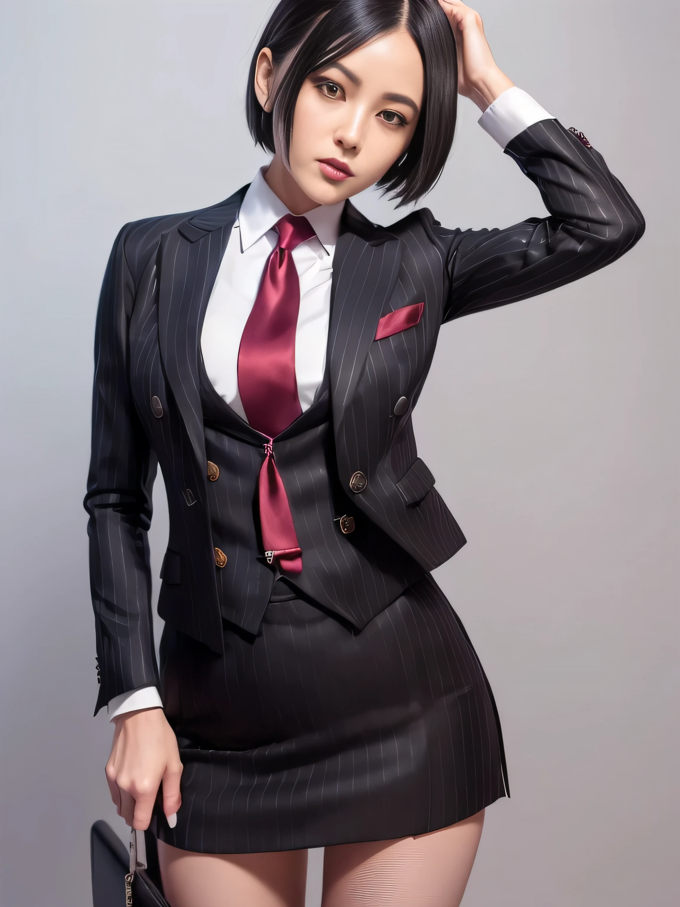 1 woman, ada wong, skirt suit, (((three-piece suit))), necktie, blazer, (((suit jacket))), (((waistcoat))), double-breasted waistcoat, bodycon miniskirt, pencil skirt, tie clip, pocket square, pocket watch, pantyhose, high heels, makeup, lipstick