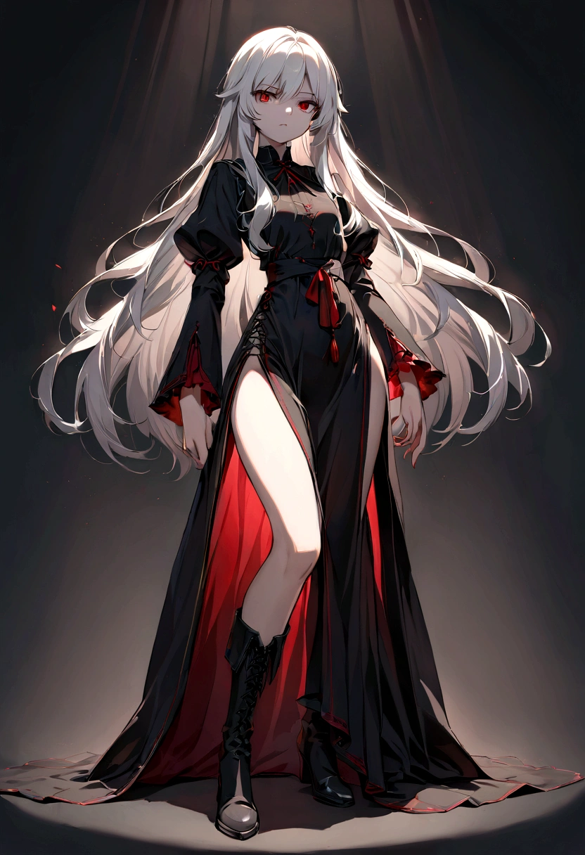 Girl, 20 years old, with long white hair down to below her waist, a serious yet tender expression, and red eyes. Her hair features black streaks. She wears antique-style clothing, a long black dress with a slit on the legs, and high black boots that almost reach her knees. Her power and background are related to shadows and darkness. dark escense, figth stance, detailed