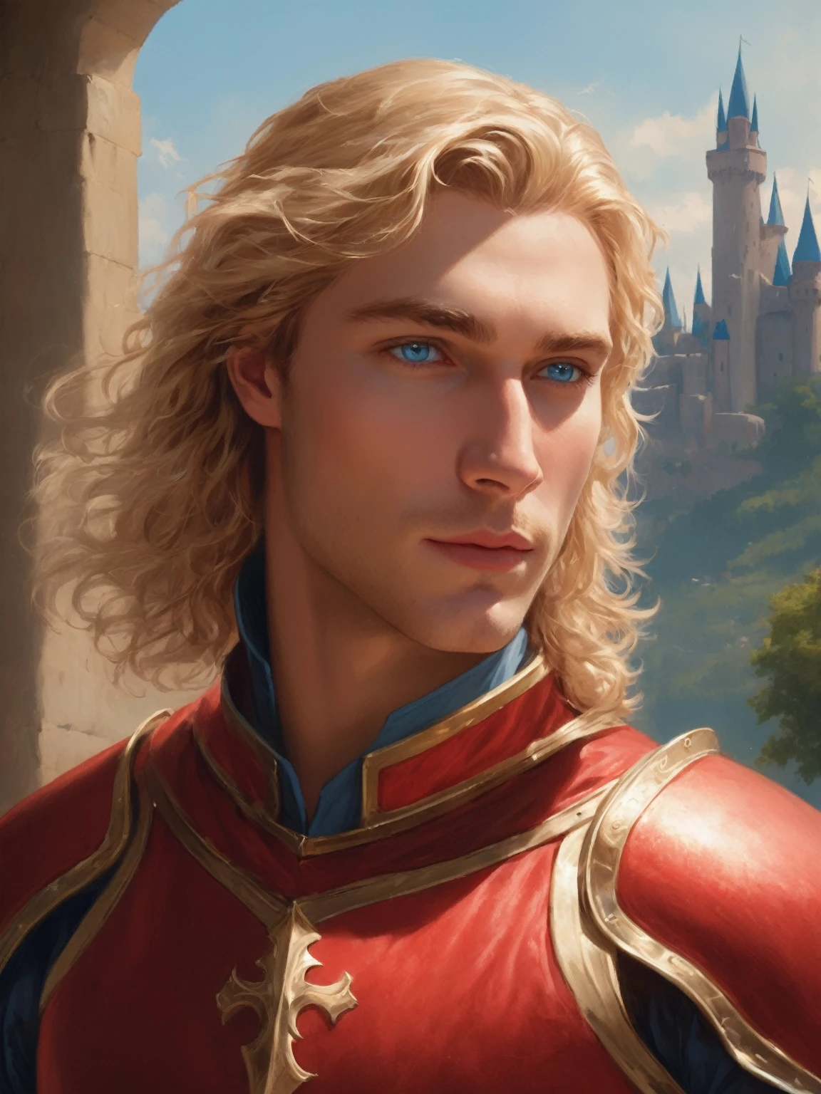 ((best quality),(masterpiece),(detailed),perfect face,a man with wavy blond hair and blue eyes,wearing red armor, castle behind,beautiful,(cinematic),(dramatic lighting),(digital painting),(sharp focus),(photorealistic),(ultra-realistic),(hyper detailed),(epic),(fantasy),(cinematic composition),(heroic pose),(dramatic), (perfect eyes)

