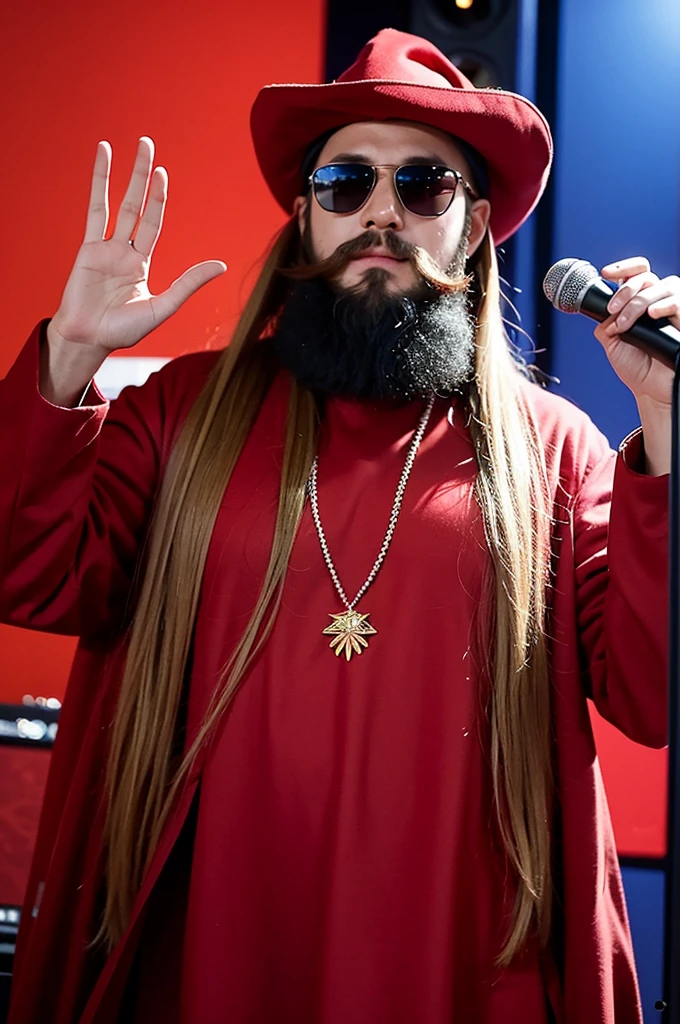 Wizard wearing a Red Wizard outfit and wearing sunglasses and rocking a wicked beard in the recording studio, rapping into a hanging microphone, recording studio for music , soundproof walls, 4k , high quality