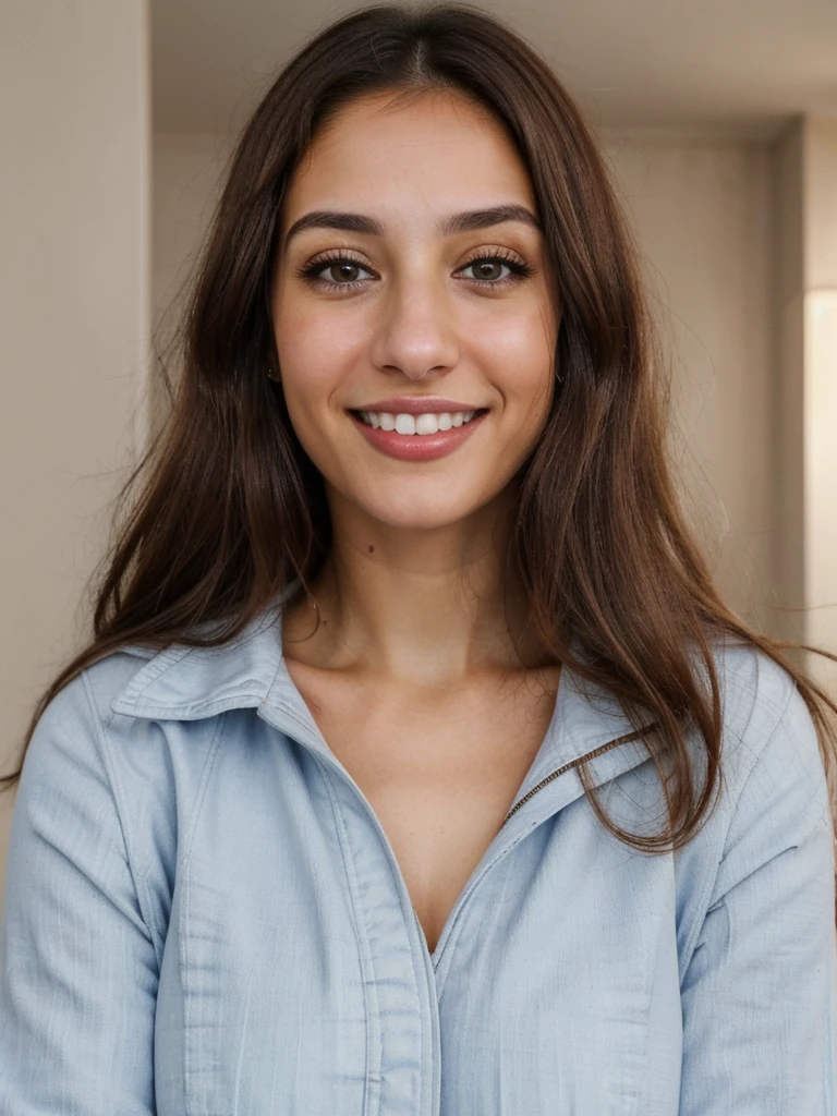 one cute women, 29YO, white, Arab, cute face, realistic brown eyes, blue jacket, brown hair, cute smile, skinny face, white realistic teethes, big eyes, long hair