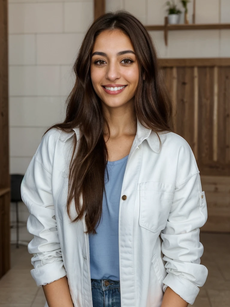 one cute women, 29YO, white, Arab, cute face, realistic brown eyes, blue jacket, brown hair, cute smile, skinny face, white realistic teethes, big eyes, long hair