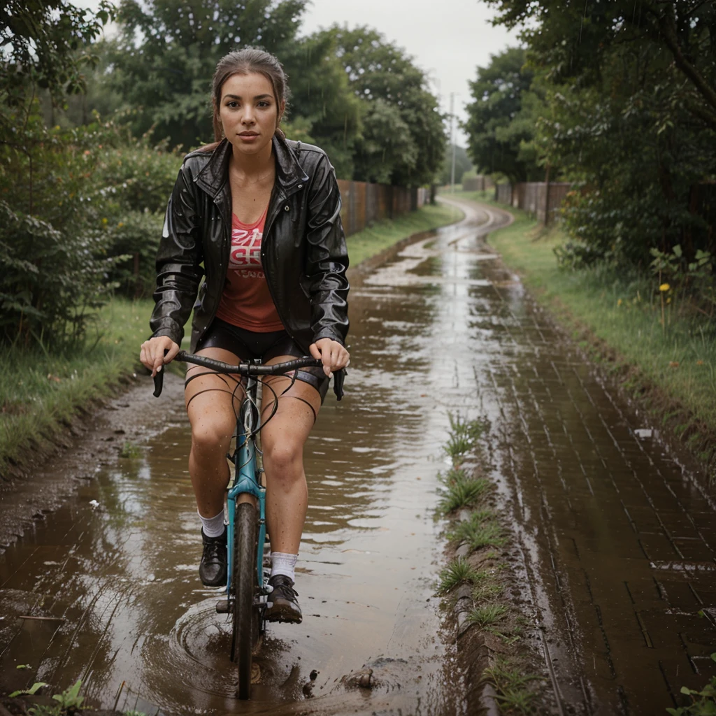 Young woman rides her racing bike in the pouring rain over a path full of muddy puddles